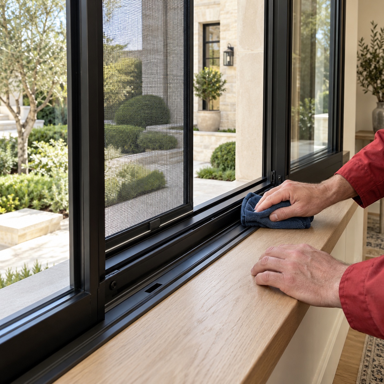 Illustrative close-up of a black window frame, screen, and oak sill being cleaned