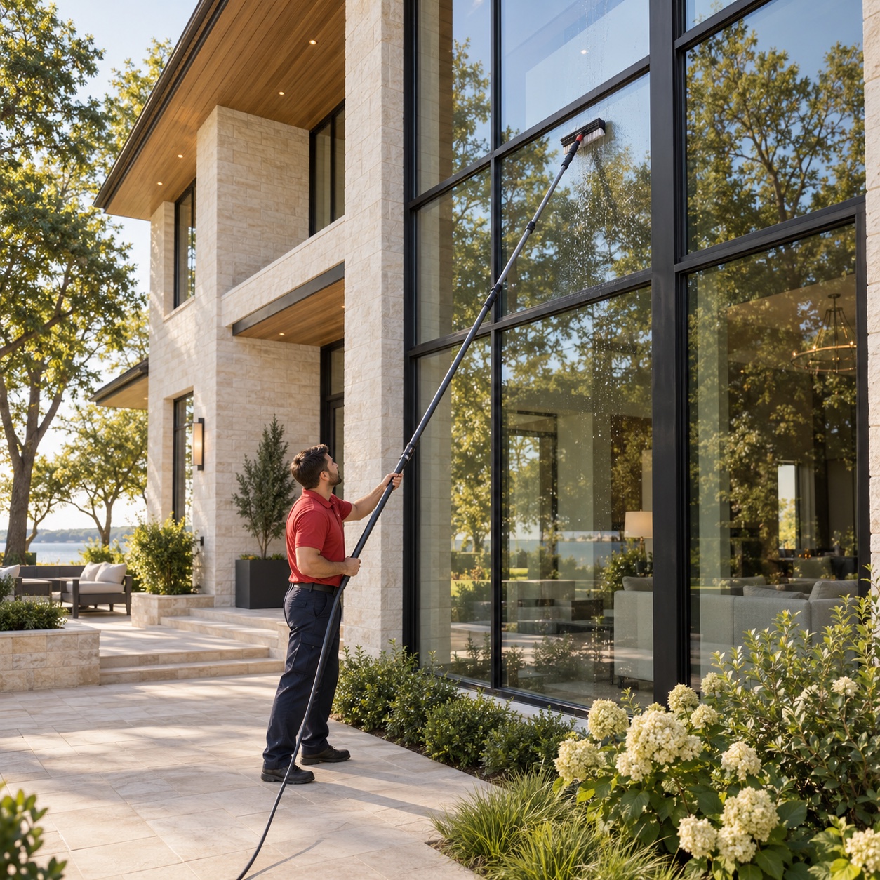 Illustrative scene of a window cleaner washing tall glass at a modern home