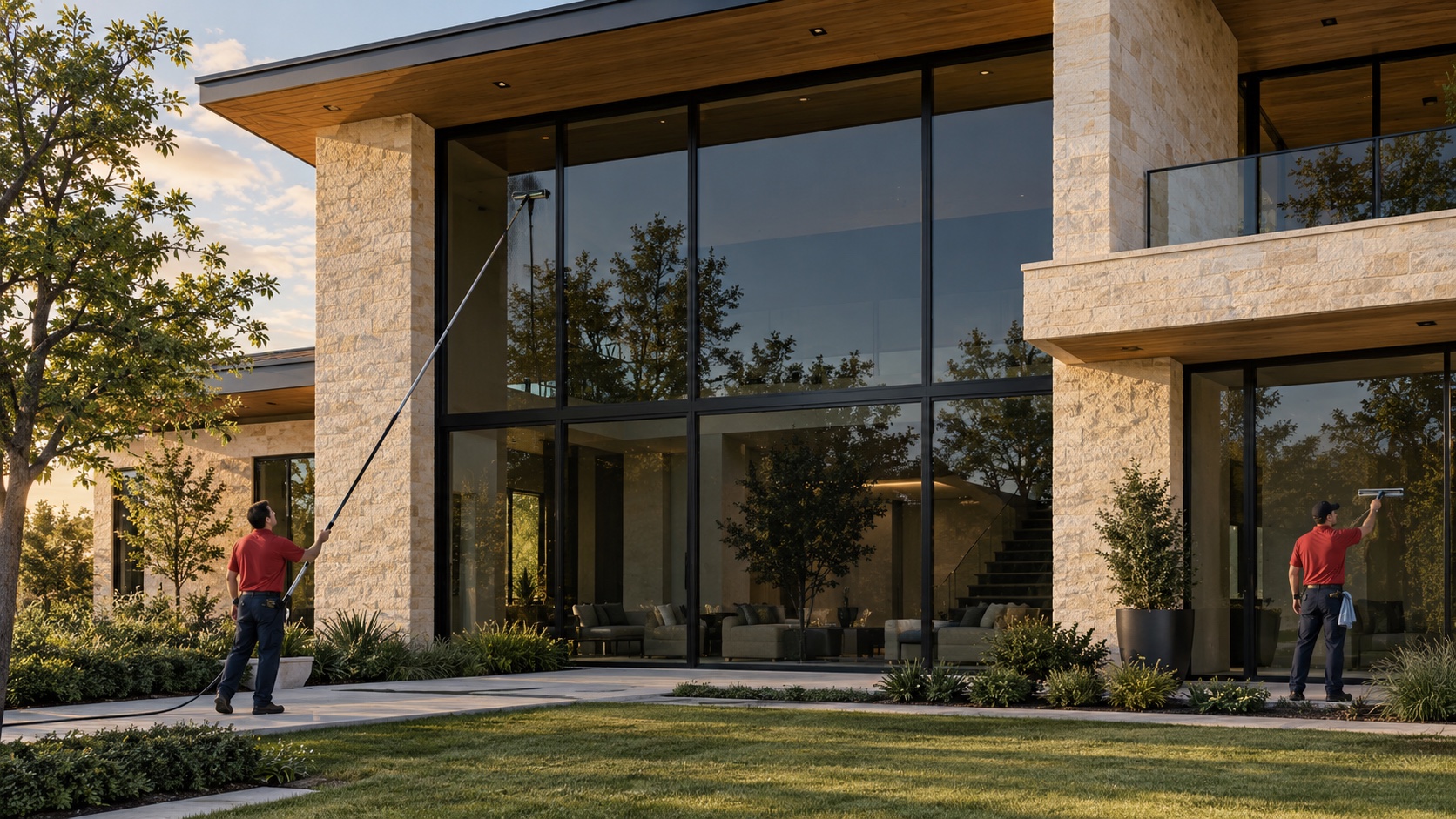 Illustrative scene of window cleaners working at a modern limestone home
