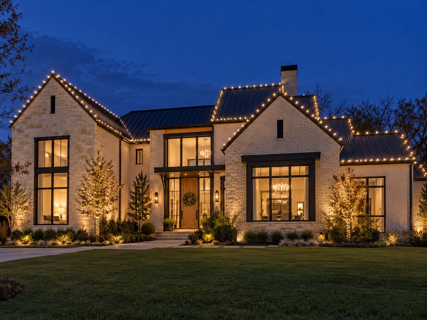 Illustrative modern limestone home with warm white holiday lighting